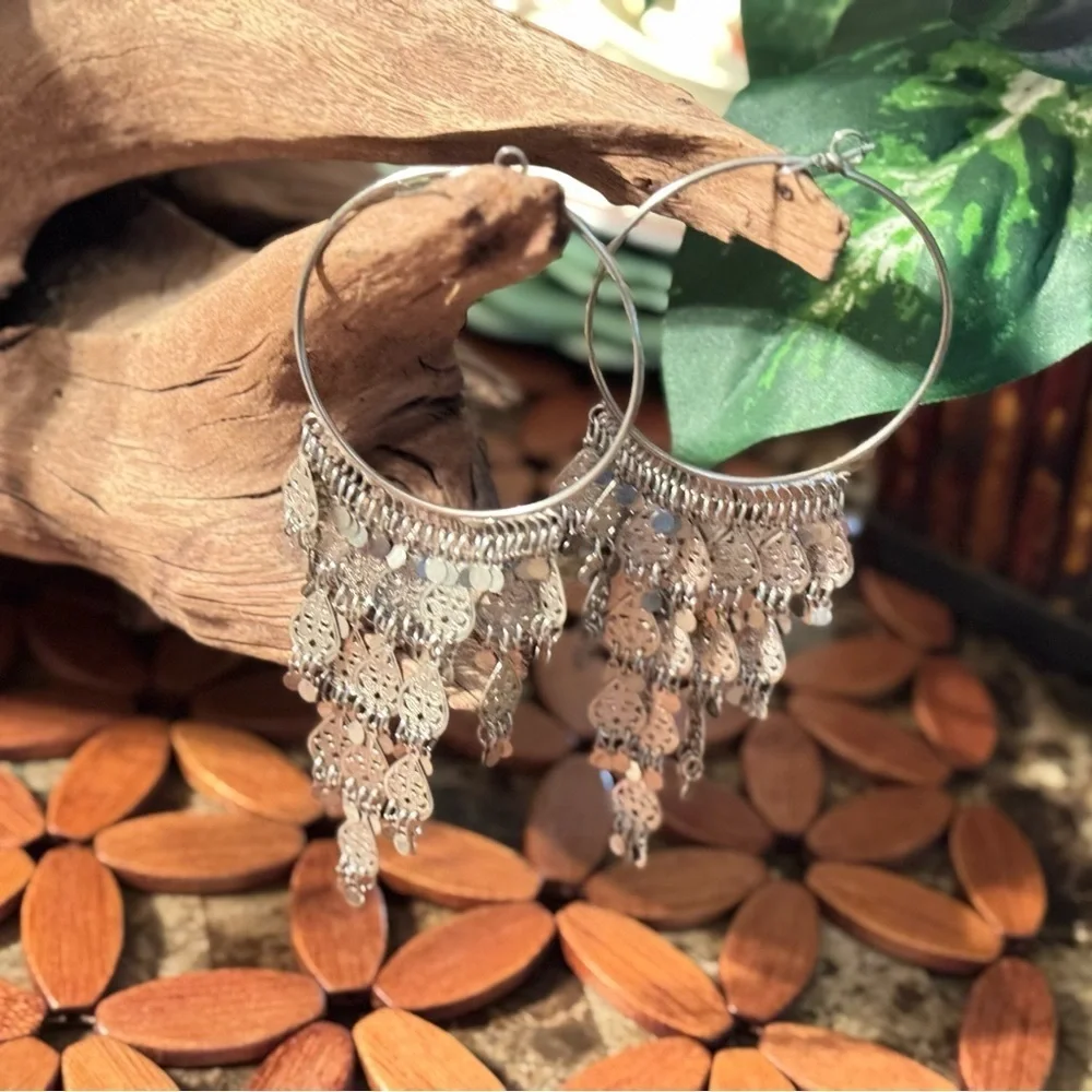 Silver Hoop Chandelier Earrings with Dangle Charms